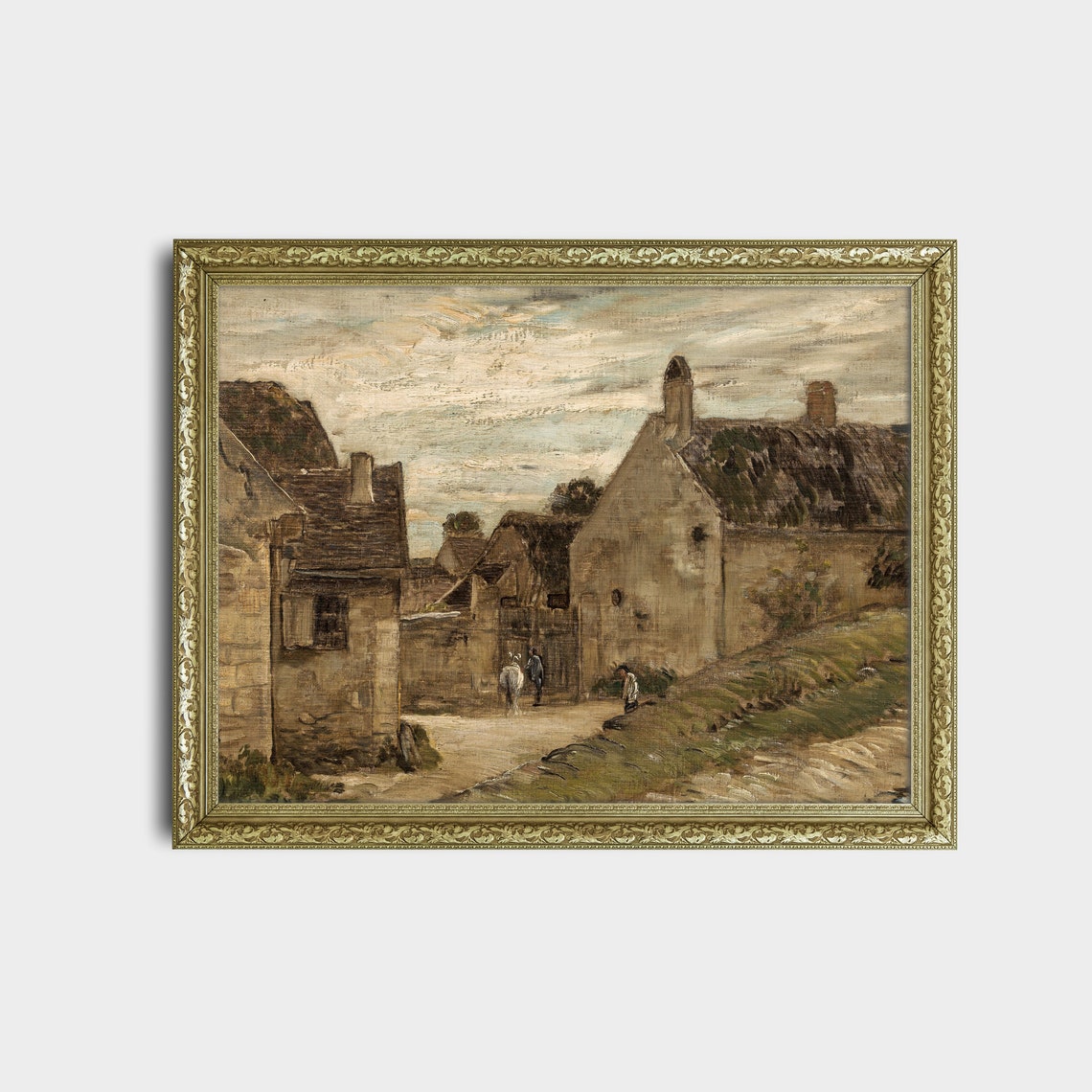 Old Stone Village Street with Figures Antique French Landscape Poster - Image 2