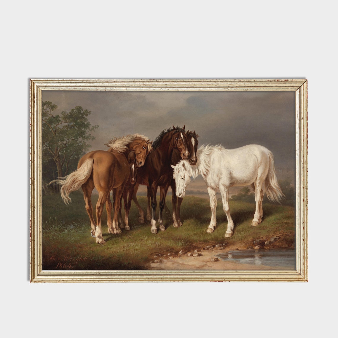 Three Horses at the Pond Meadow Vintage Equestrian Art Poster - Image 2
