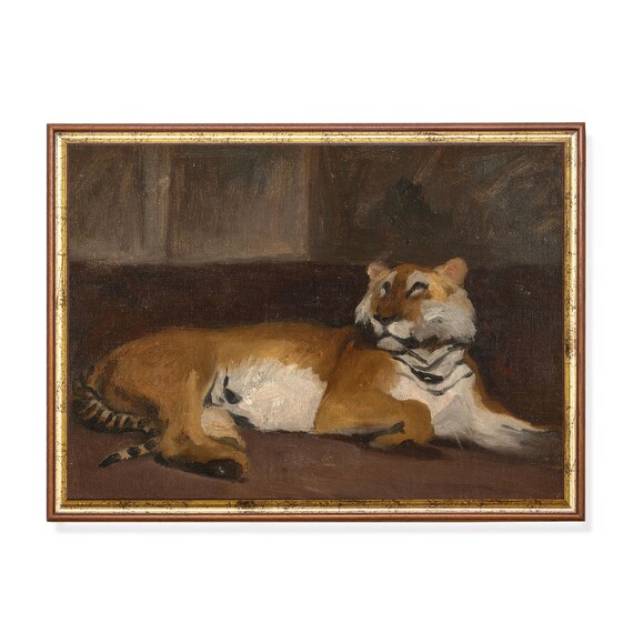 Golden Tiger Resting Against Dark Background Vintage Wildlife Poster