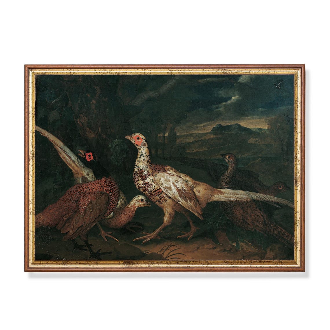 Pheasants in Moonlit Landscape Vintage Game Bird Painting Poster