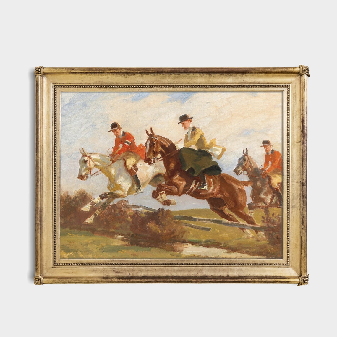 Three Equestrian Riders Jumping The Hedge In Fox Hunt Style Poster - Image 4