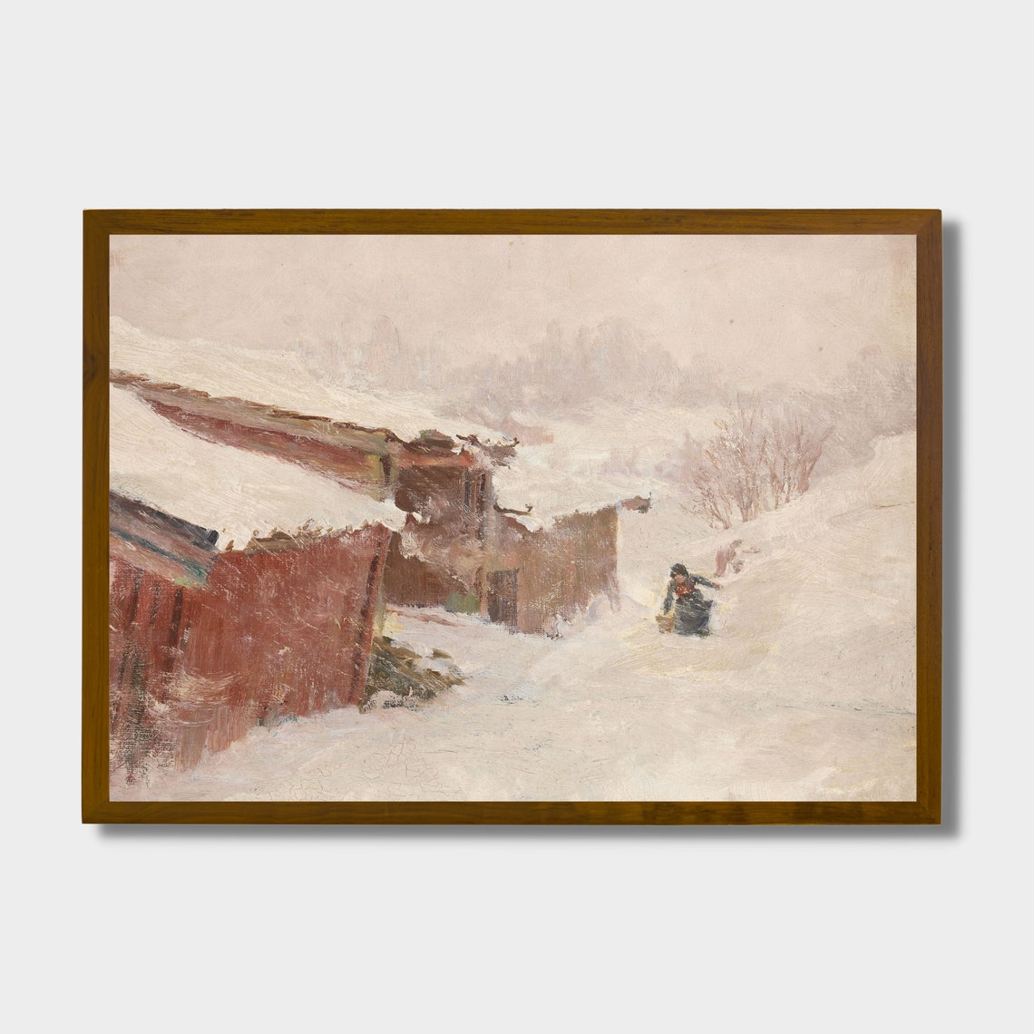 Figure Carrying Basket Through Deep Snow Red Farmhouse Winter Poster - Image 3