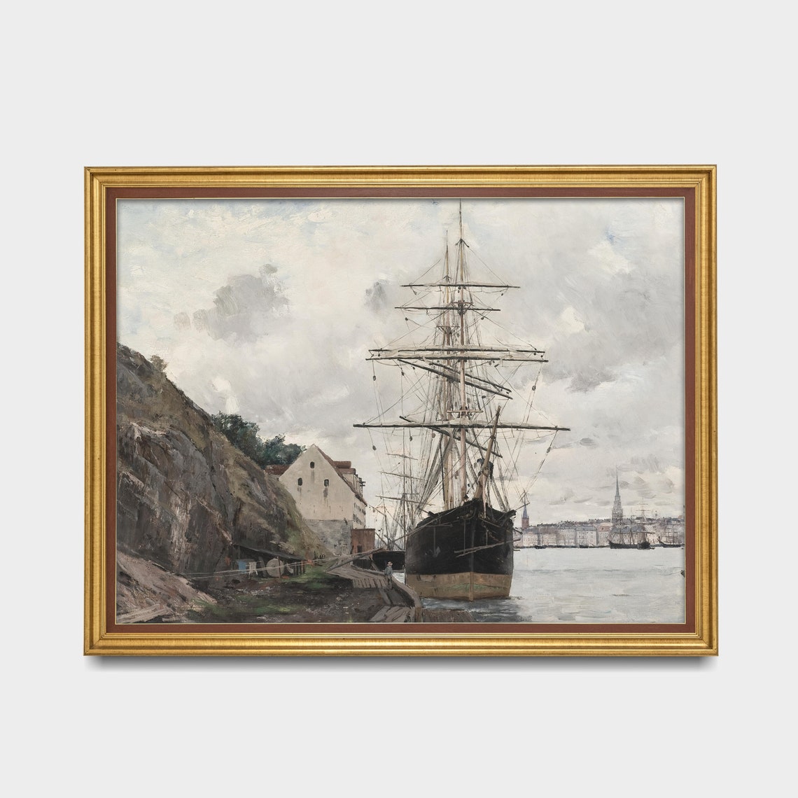 Tall Ship Moored At Rocky Harbor Antique Marine Painting Poster - Image 3