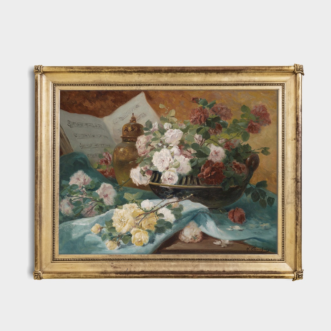 Antique Roses Still Life With Sheet Music and Brass Vase Poster - Image 4