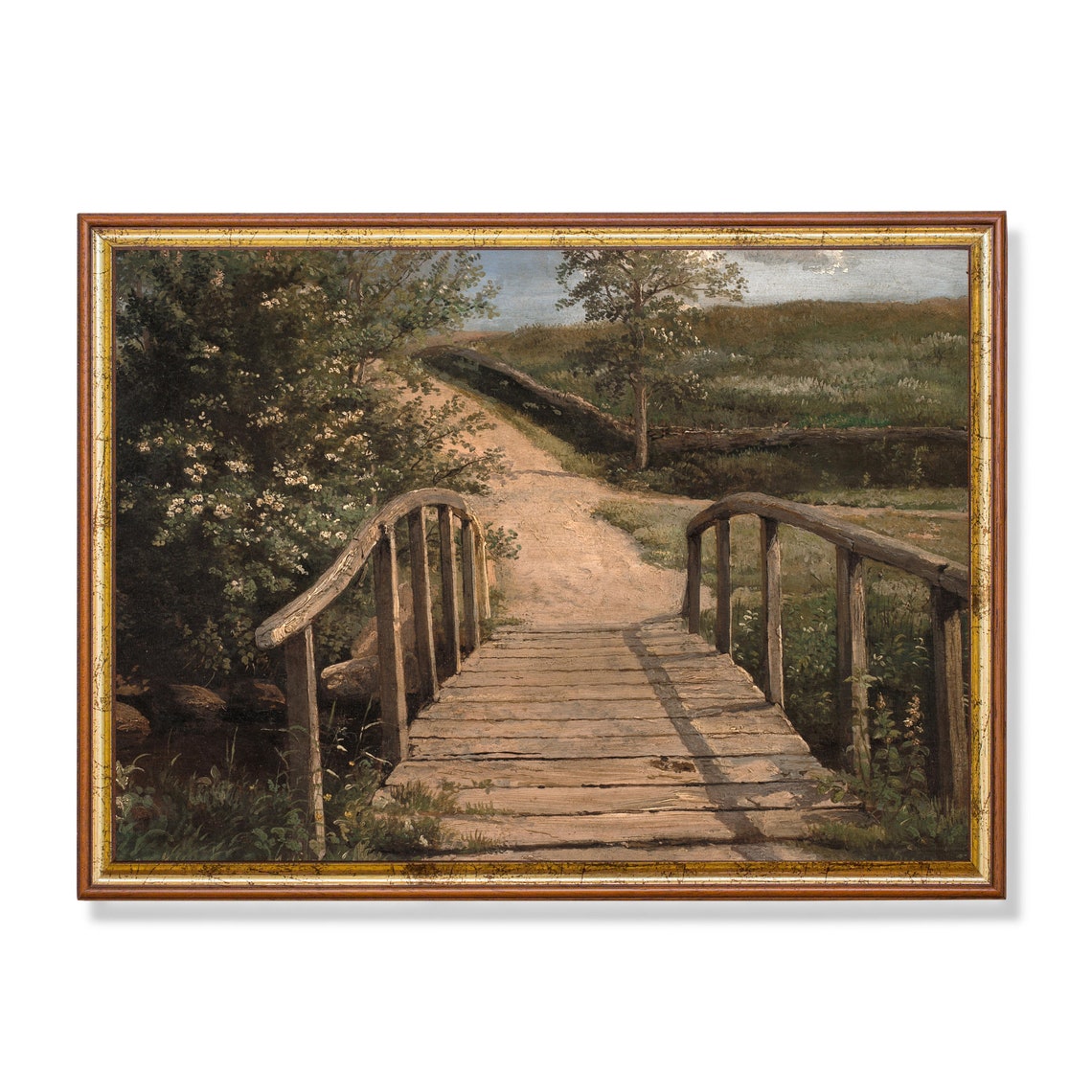 Wooden Footbridge Over a Country Stream Vintage Landscape Poster