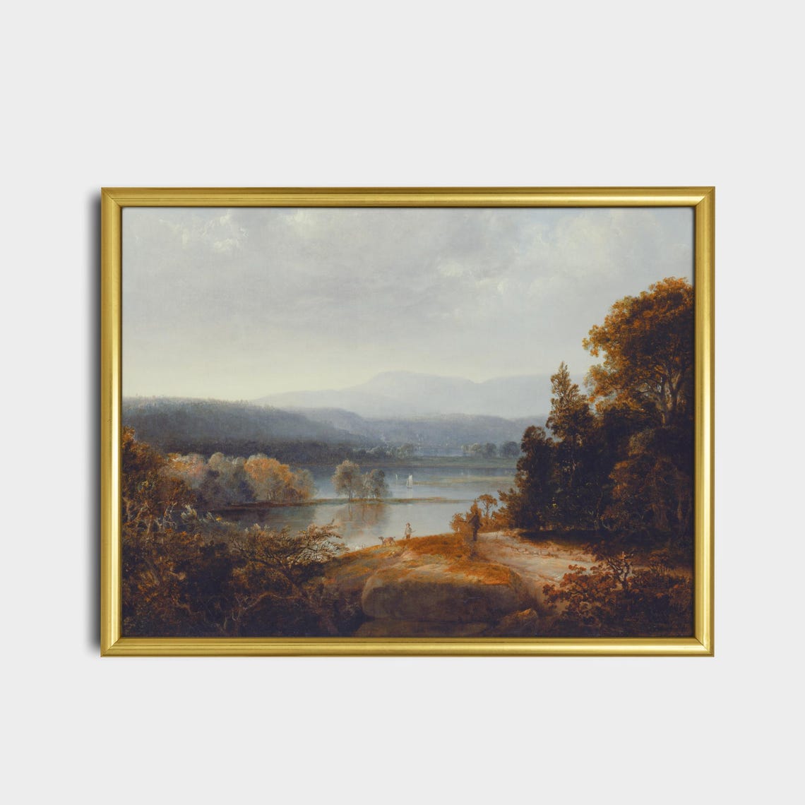 Autumn River Valley with a Figure on Rocky Shore Antique Poster - Image 2