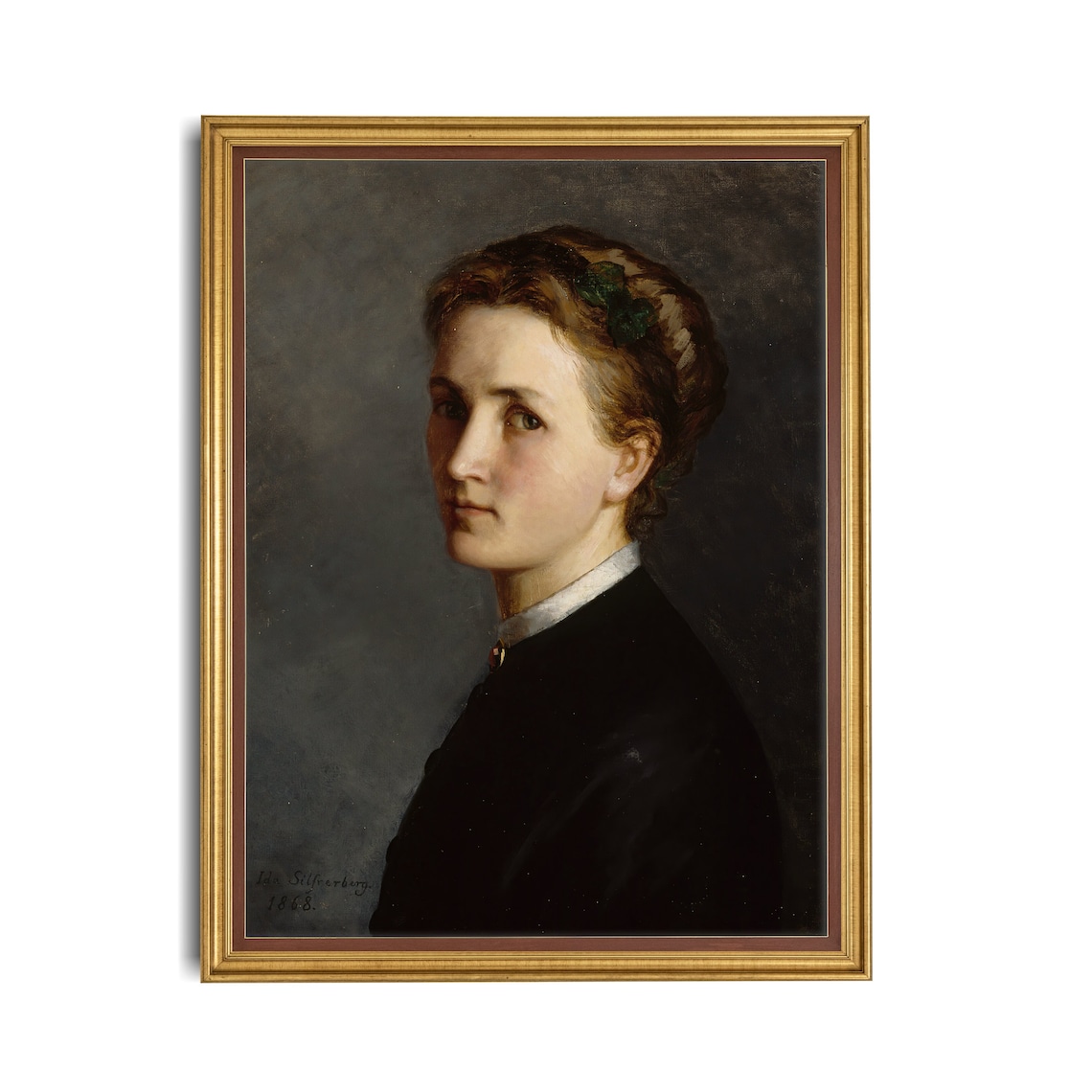 Antique 1868 Moody Woman Portrait Dark Oil Painting Signed Fine Art Poster - Image 4