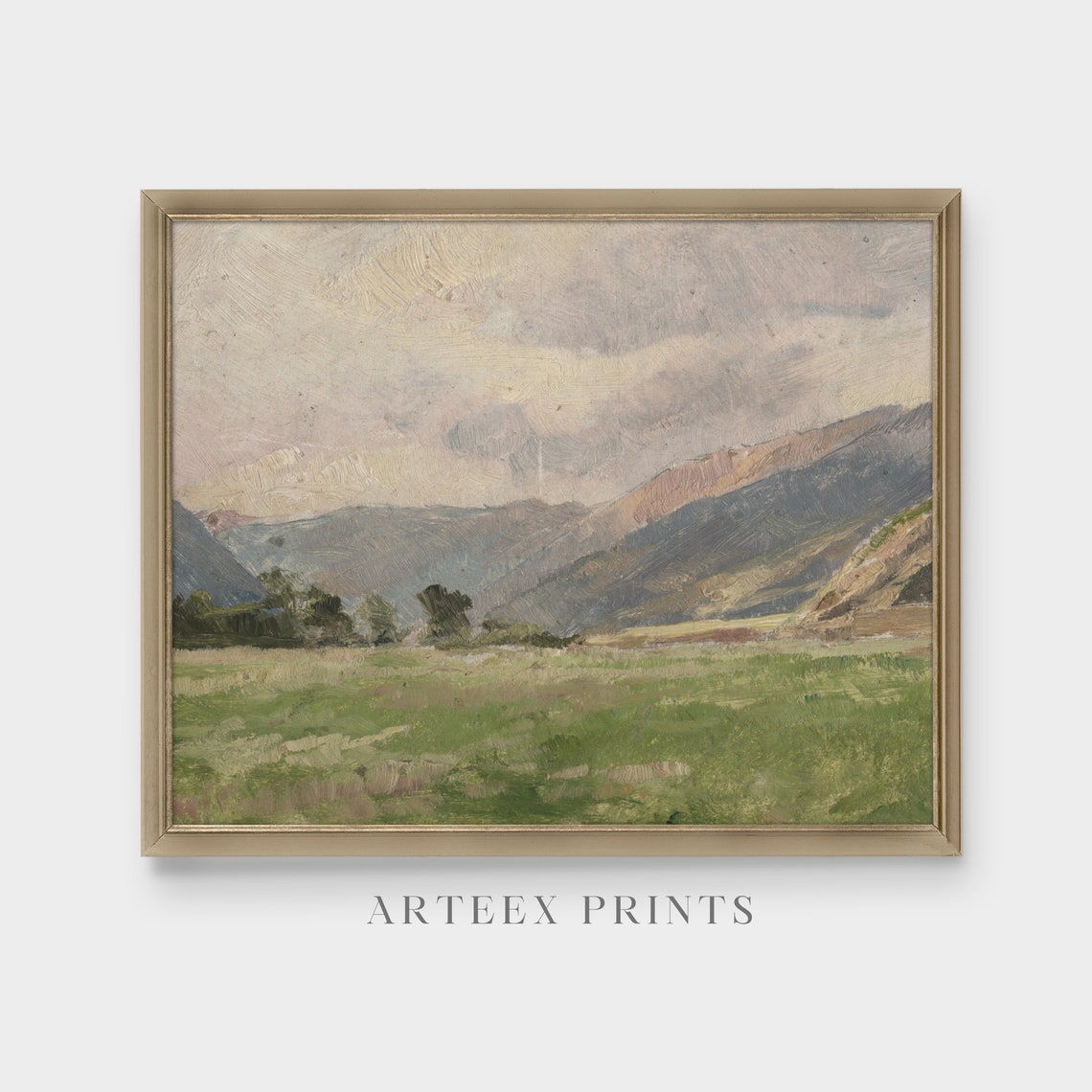 Green Meadow Valley with Distant Mountains Antique Oil Poster - Image 5