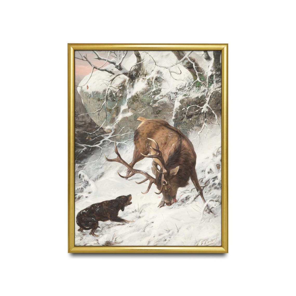 Snowy Forest Stag and Hound Antique Winter Hunting Art Poster - Image 2