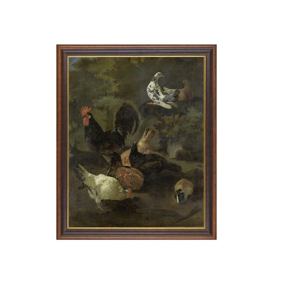 Mailed Print Vintage Chicken Hen Doves Painting Antique Rooster Print Farmhouse Decor Moody Rustic Animal Painting Print And Ship