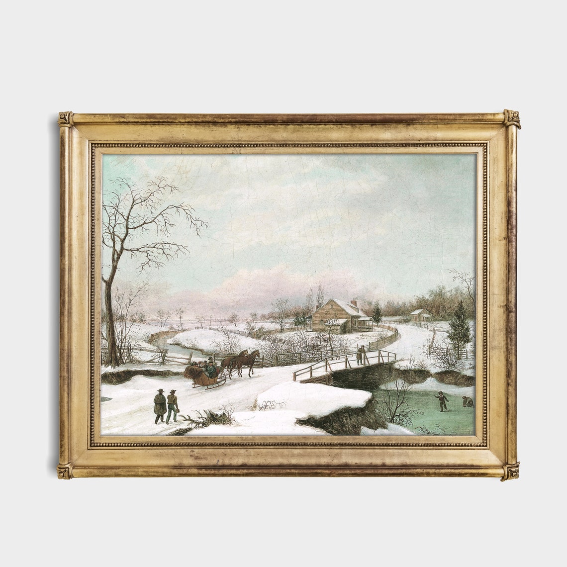 Horse-Drawn Sleigh Crossing a Snowy Bridge Vintage Winter Poster - Image 2