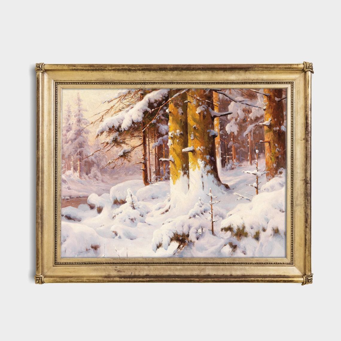 Warm Snowy Pine Forest with Stream Golden Winter Light Poster - Image 2