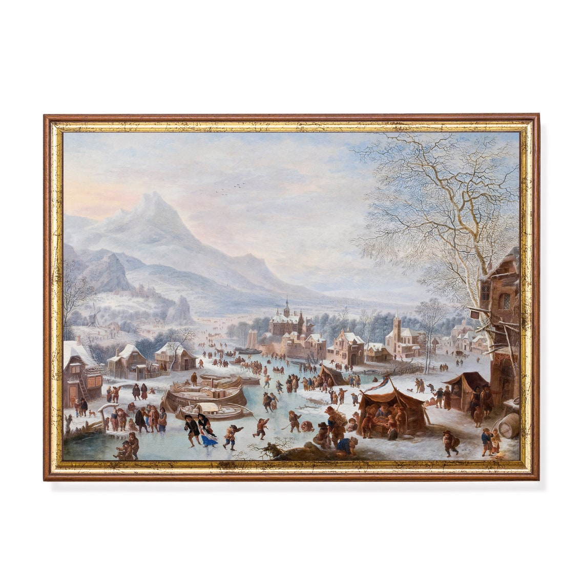 Crowded Winter Canal Skating Scene With Village Vintage Winter Poster