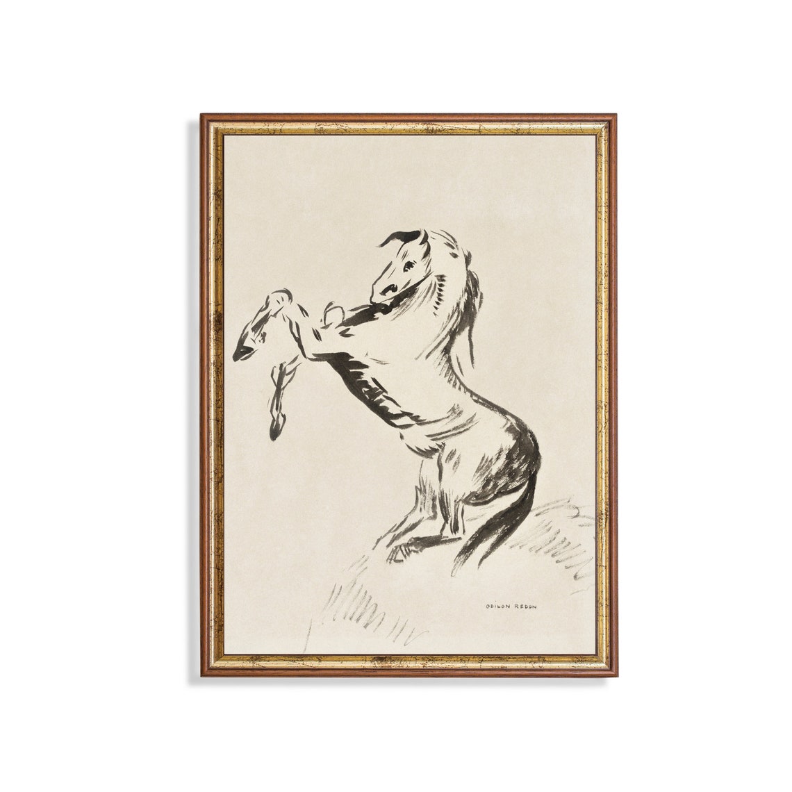 Rearing Horse Bold Ink Sketch Antique Equestrian Drawing Wall Art