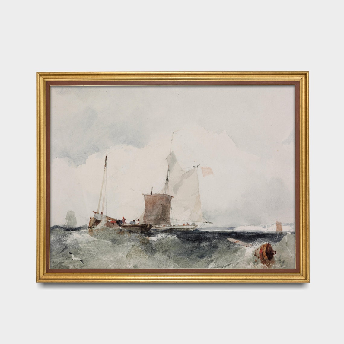 Sailing Vessels on a Choppy Grey Sea Antique Marine Watercolor Poster - Image 2
