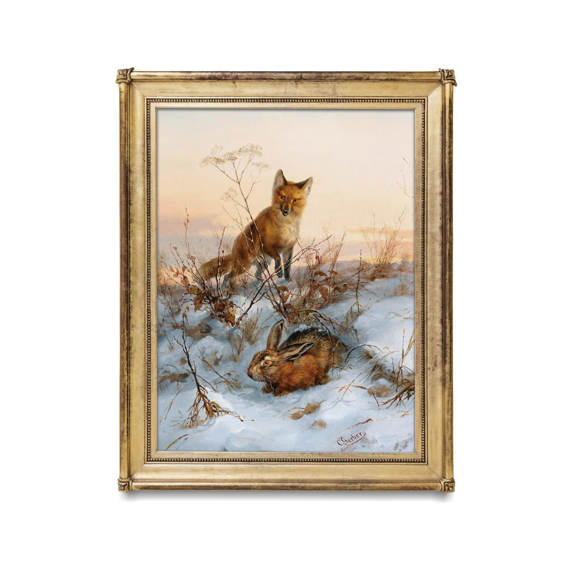 Red Fox Stalking a Hare in the Snow Vintage Winter Art Poster - Image 2