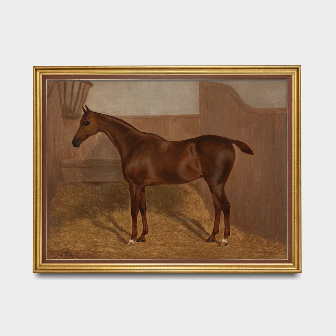 Chestnut Horse Portrait Standing in Straw Stable Painting Poster - Image 3