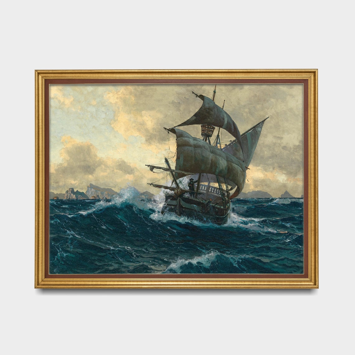 Old Sailing Galleon Battling Stormy Seas Vintage Maritime Poster - Image 3