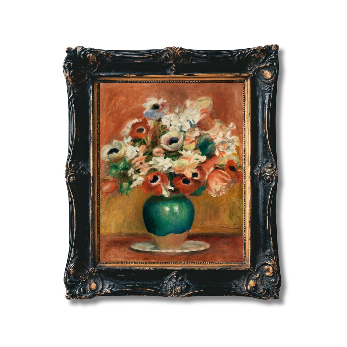 Renoir Anemones Bouquet in Green Vase Impressionist Floral Poster