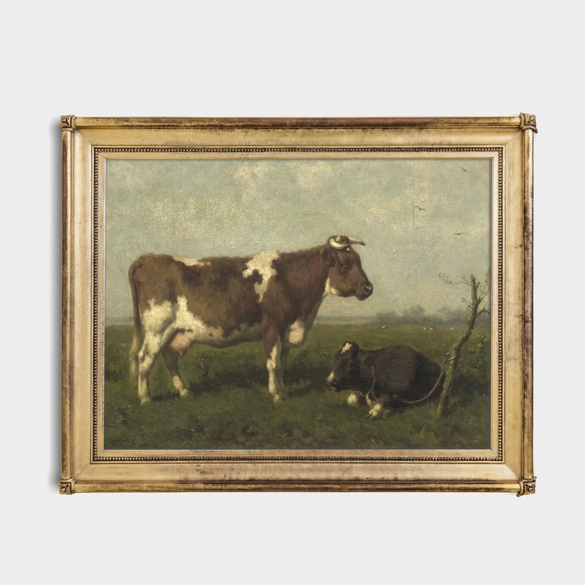 Brown and White Cow with a Calf in a Pasture Vintage Animal Poster - Image 2