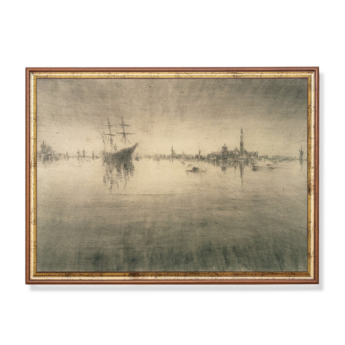 Sepia Misty Harbor with Tall Ship Antique Tonalist Nocturne Print