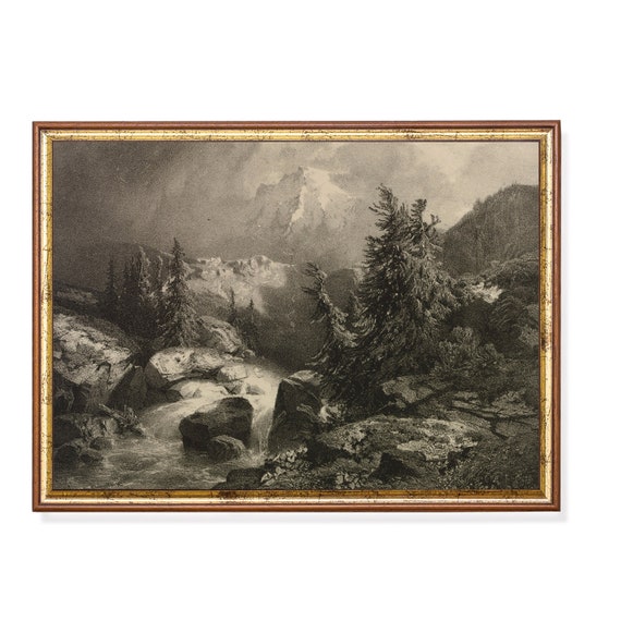 Landscape Sketch Print Moody Rustic Drawing Nature Mountain Artwork Wall Art Antique Farmhouse Decor