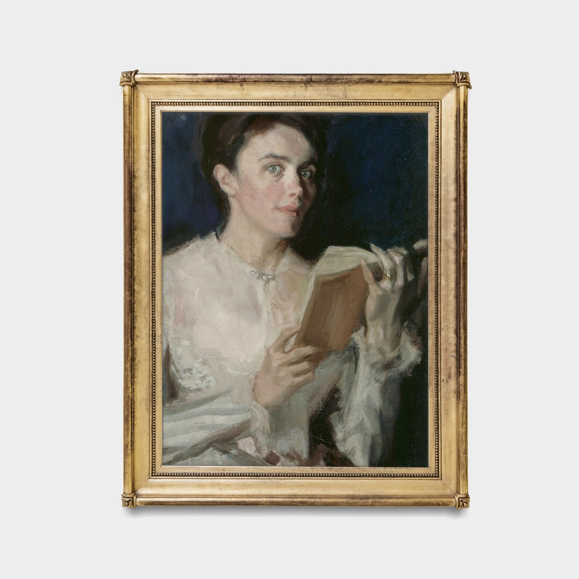 Woman in a White Dress Reading a Book Looking Up Moody Poster - Image 2