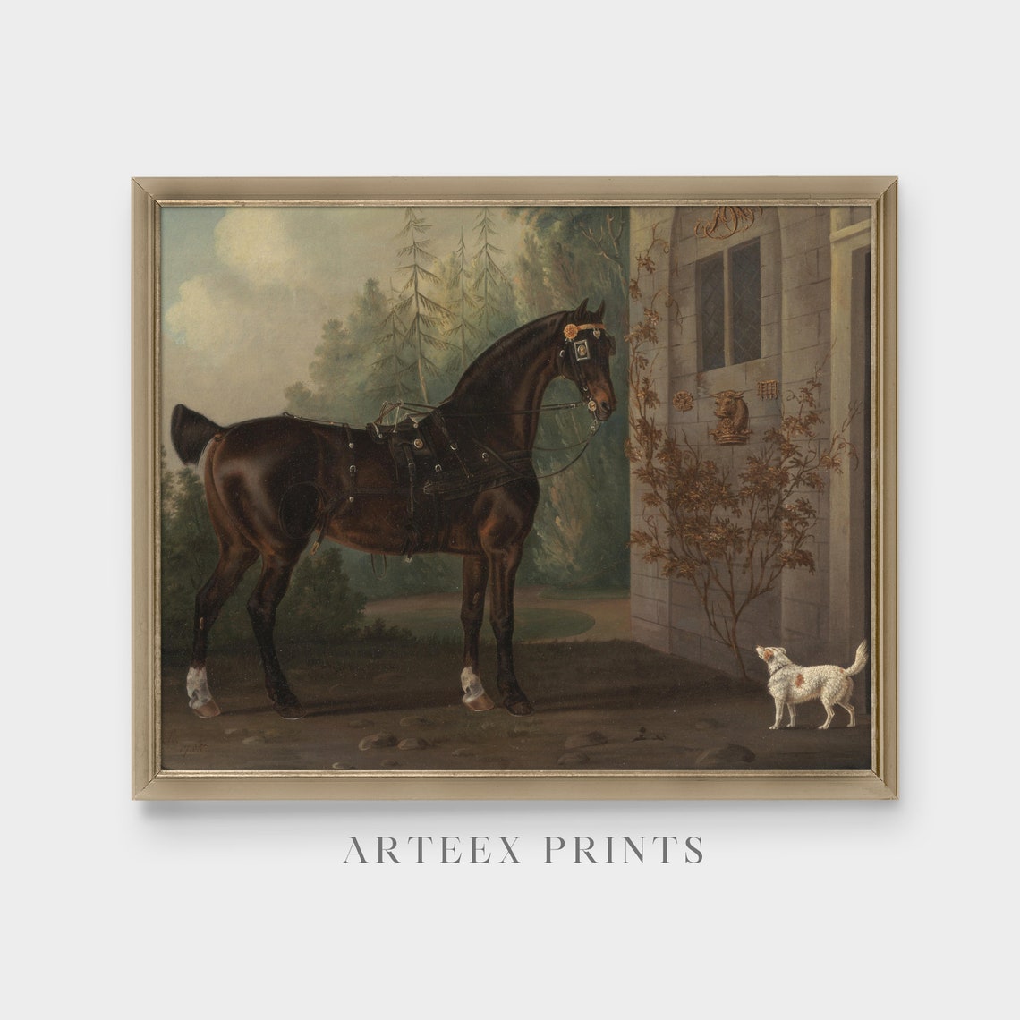 Antique Harnessed Dark Bay Horse with White Terrier Vintage Poster - Image 3