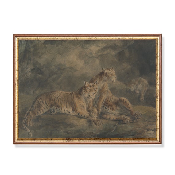 Printed And Shipped Tiger Painting Vintage Wall Art Moody Rustic Art Three Tigers In Landscape Farmhouse Decor Animal Lover Gift