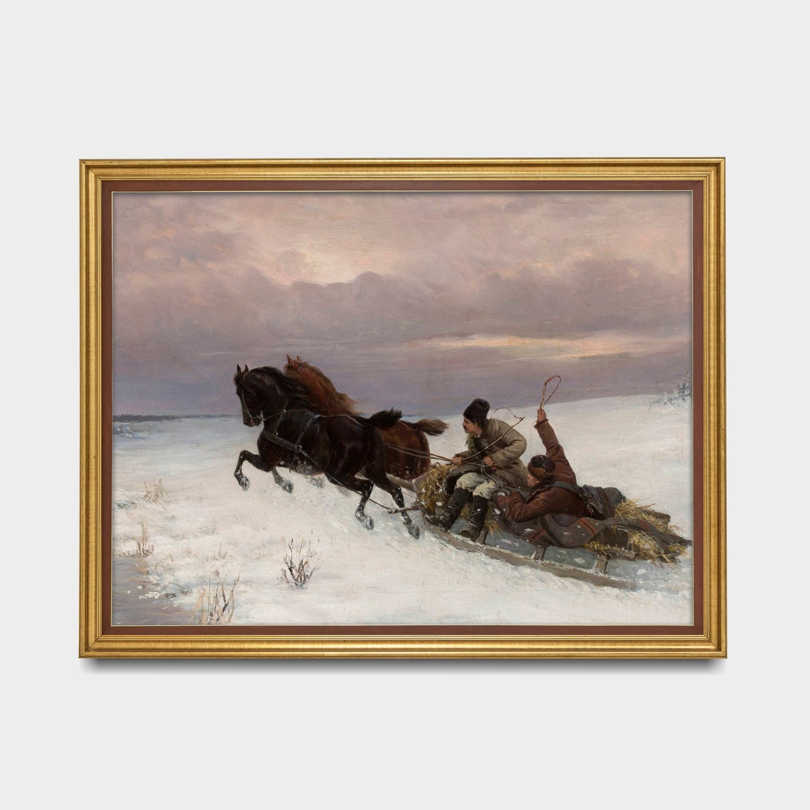 Two Galloping Horses Pulling A Sled Across Snowy Plains Vintage Poster - Image 3
