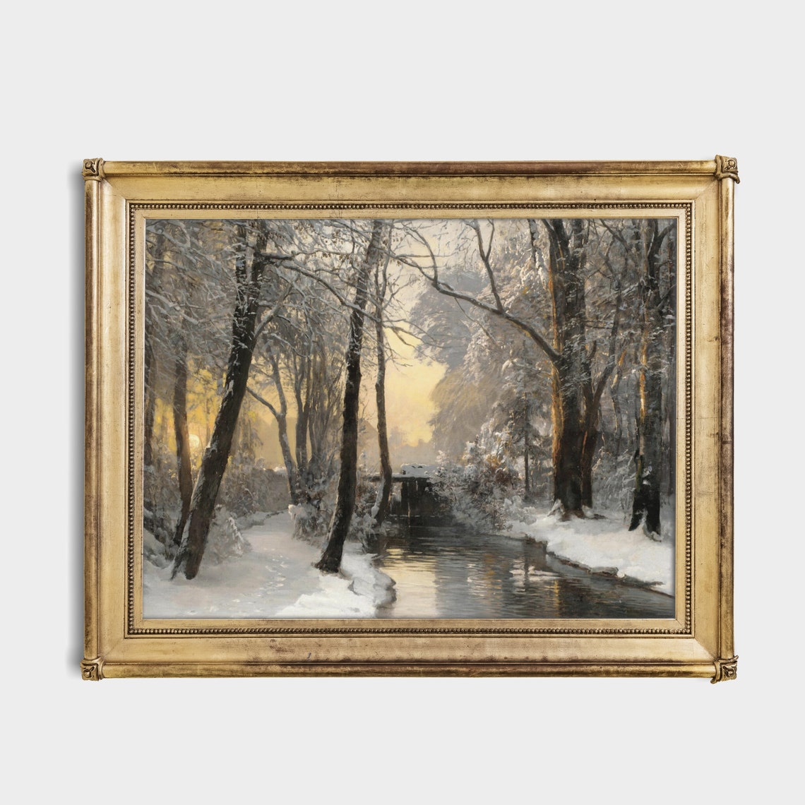 Golden Sunrise Over a Snowy Forest Stream Antique Winter Poster - Image 2