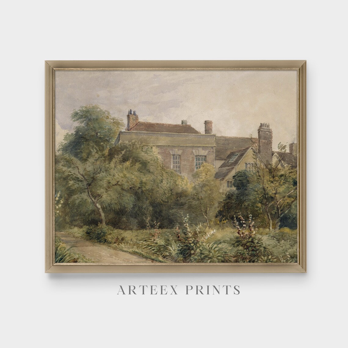 Country Manor House with a Garden Path Antique Watercolor Poster - Image 4