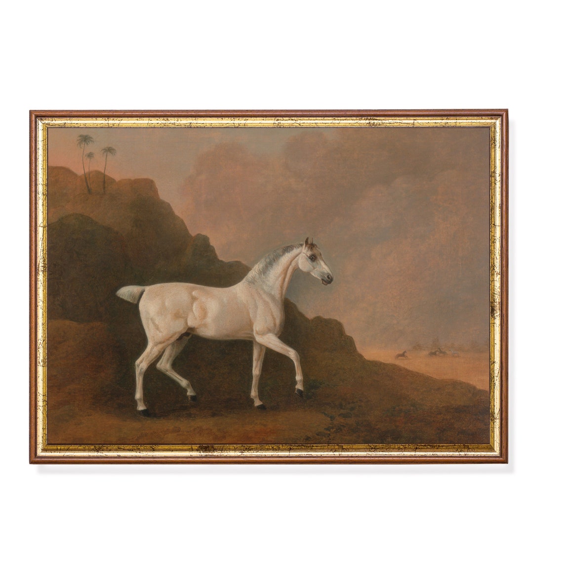 Antique White Horse Trotting Through Desert Landscape Art Poster