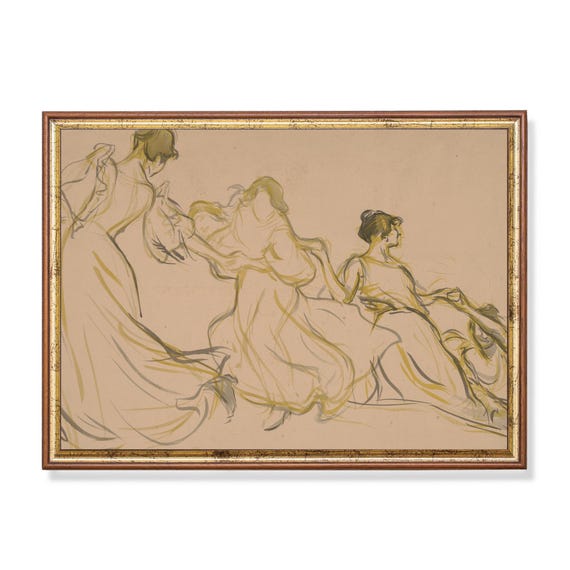 Print And Ship Vintage Sketch Drawing Antique Print Neutral Art Figure Study Abstract Wall Art Vintage Decor Women Dancing