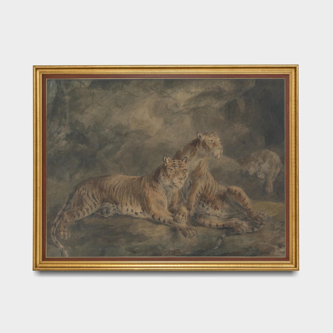 Two Tigers Resting Together on Rocks in a Dark Forest Poster - Image 5