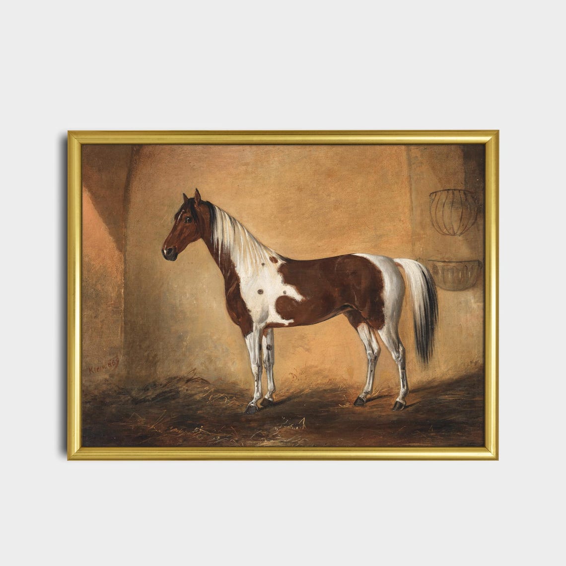 Brown and White Pinto Horse Standing in a Stable Vintage Poster - Image 2
