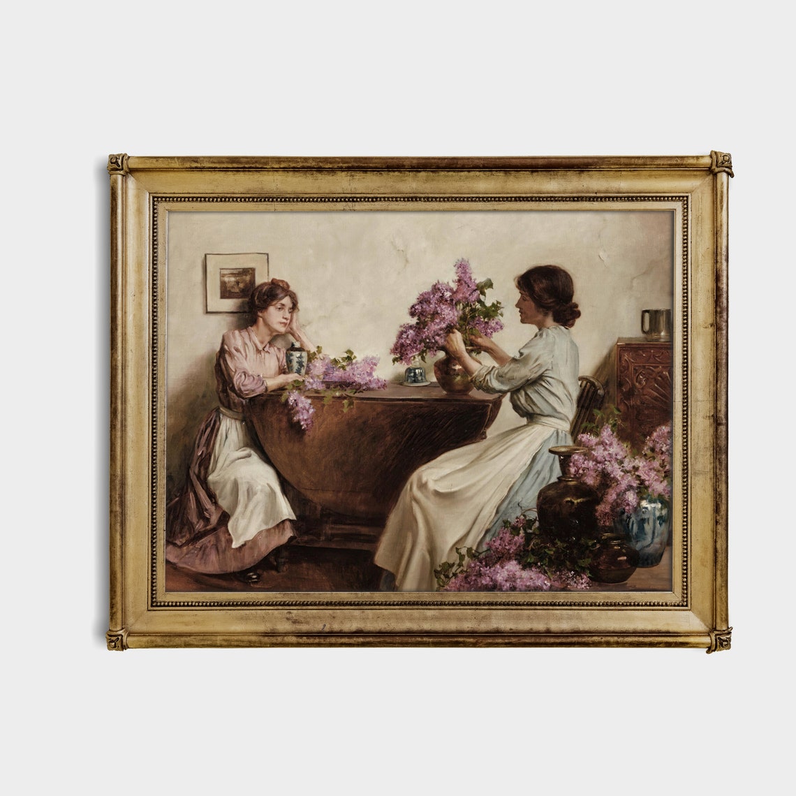 Two Women Arranging Lilacs at a Table Vintage Interior Poster - Image 2