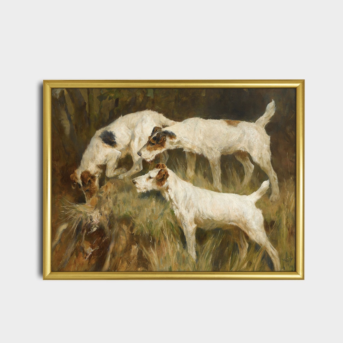 Three Fox Terriers Sniffing at a Burrow in the Dark Woods Poster - Image 2
