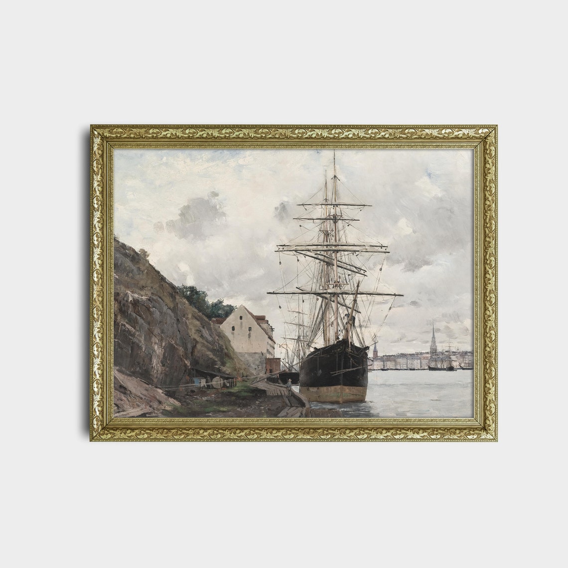 Tall Ship Moored At Rocky Harbor Antique Marine Painting Poster - Image 2