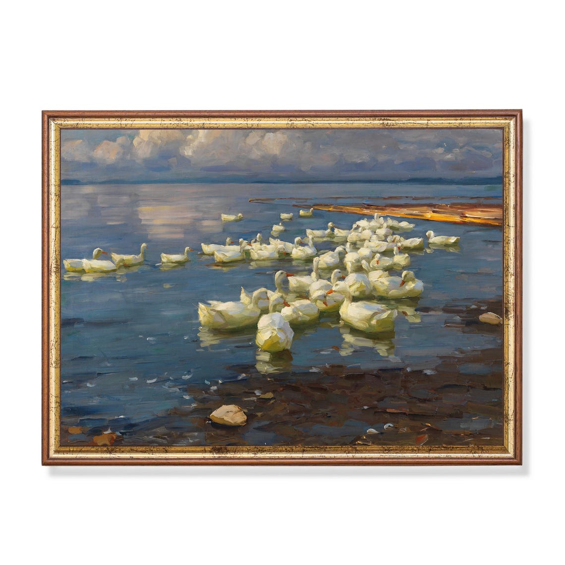 Flock of White Ducks on a Calm Lake at Dusk Vintage Art Poster
