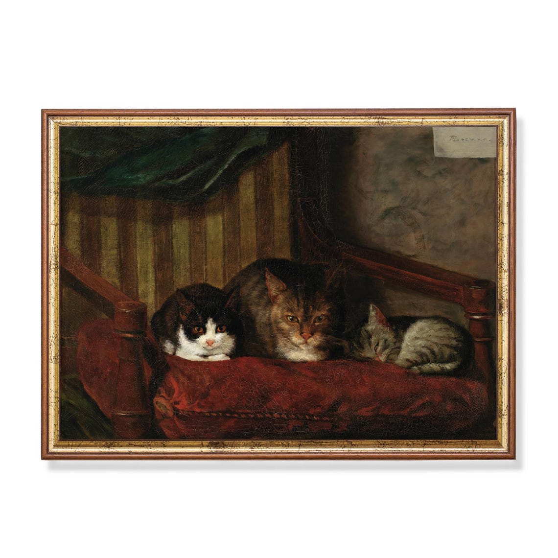 Three Cats on Deep Red Velvet Chair Vintage Feline Oil Poster