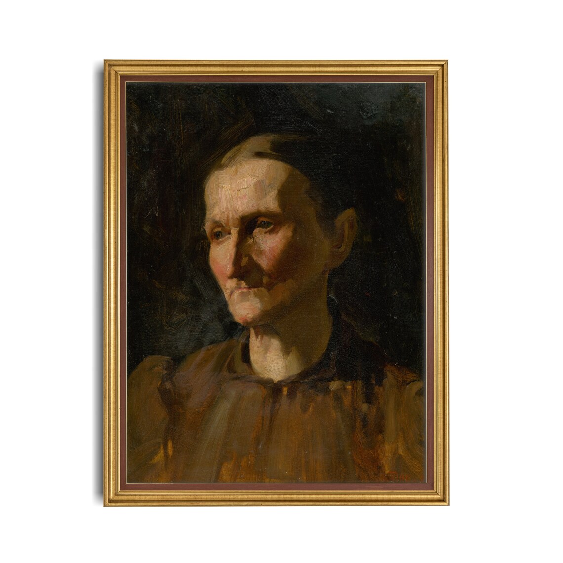 Elderly Woman in a Brown Dress Emerging from a Dark Ground Portrait Poster - Image 2