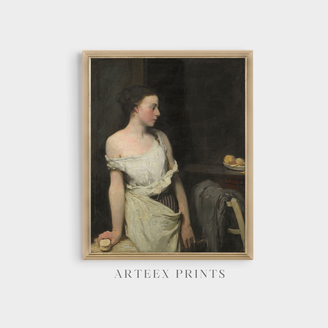 Young Woman in White Chemise Moody Antique Portrait Painting Poster - Image 5