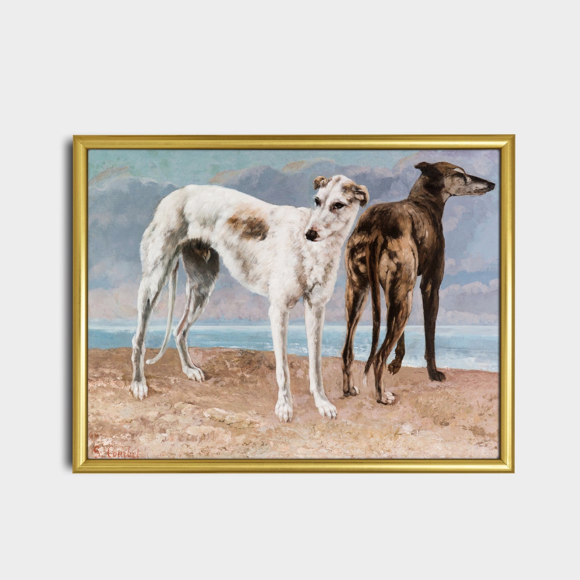 Two Greyhounds Standing Side by Side on a Coastal Beach Poster - Image 5