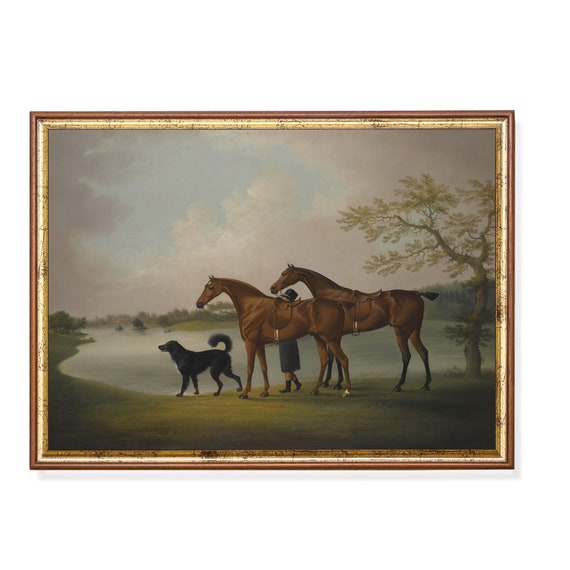 Mailed Print Horse Painting Vintage Equestrian Print Moody Rustic Horse And Dog Oil Painting Farmhouse Decor Printed And Shipped