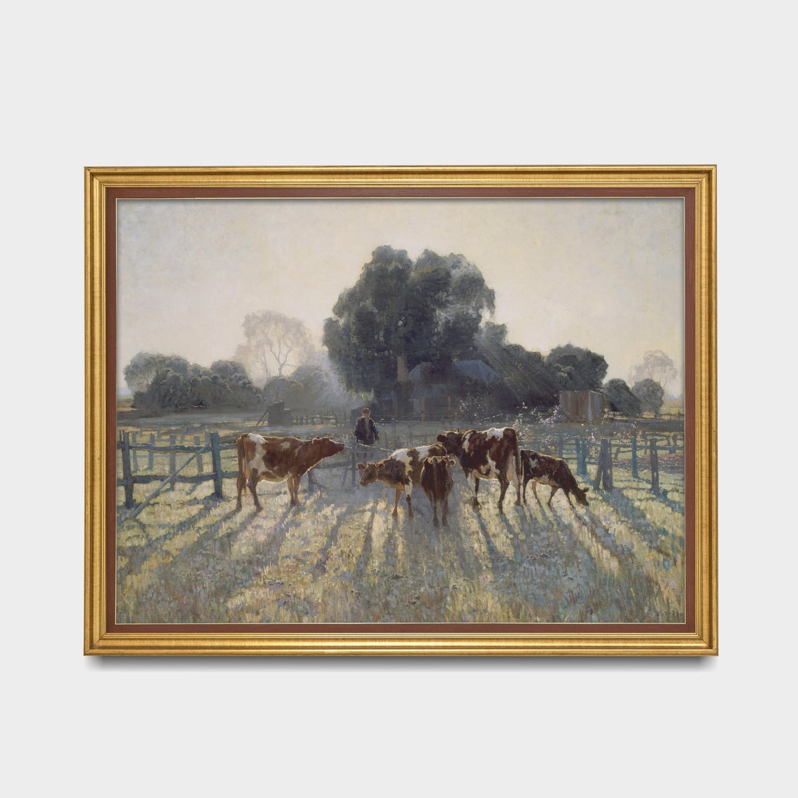 Dairy Cows In Morning Pasture Antique Farm Scene Painting Poster - Image 2