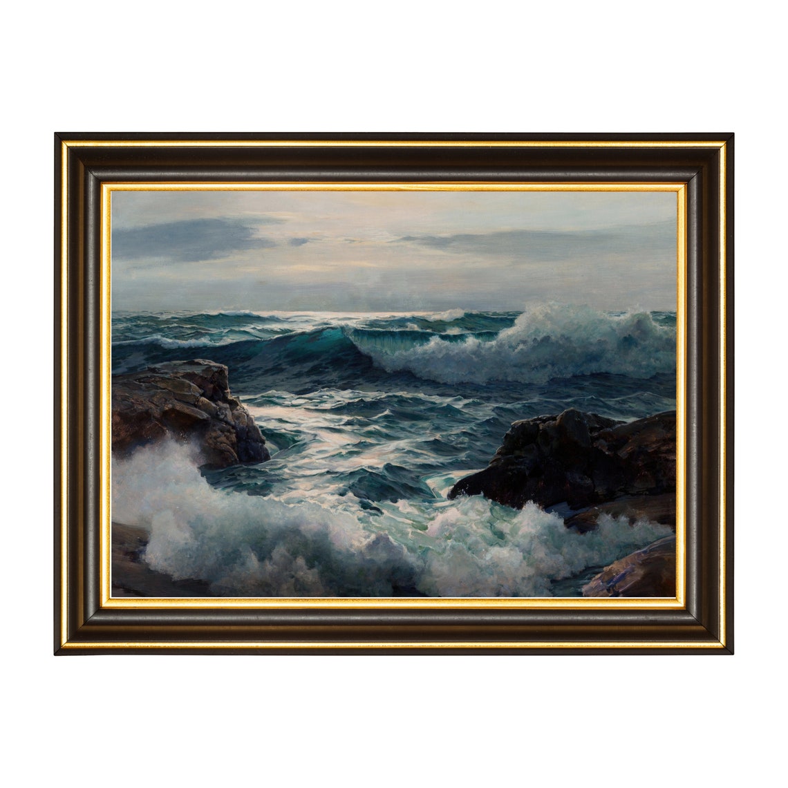 Crashing Ocean Waves on Rocks Dramatic Vintage Seascape Art Poster - Image 4