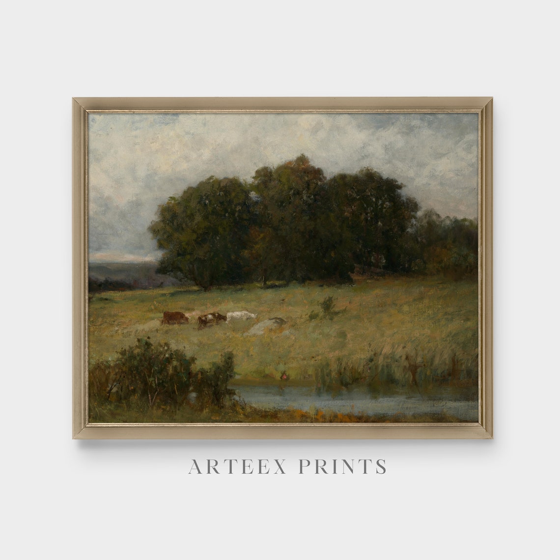 Cows Grazing by a Stream in a Moody Pasture Antique Oil Poster - Image 5