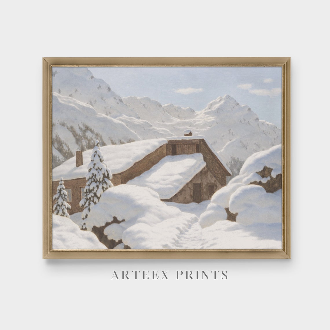 Snow-Buried Alpine Cabin Under Towering Snowy Mountain Peaks Poster - Image 4