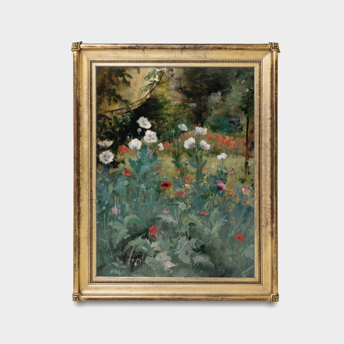 Vintage Landscape Painting, Antique Flower Meadow Poppies - Image 2